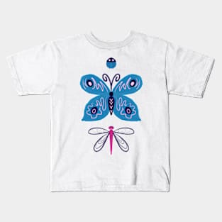 Butterfly Ladybug Dragonfly Pattern Design Blue Purple Pink Kids T-Shirt